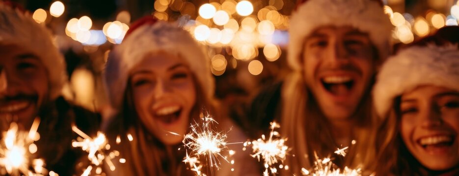 Yong friends celebrating Christmas with sparklers while wearing Santa hats at night  