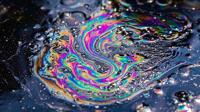 Iridescent oil slick floating on water surface displaying vibrant rainbow colors with abstract fluid patterns outdoors