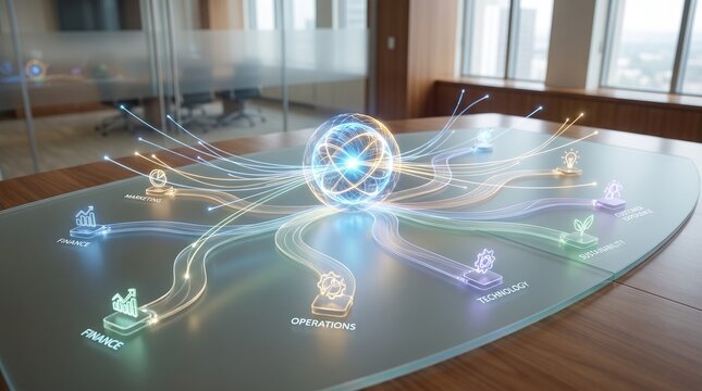 Digital business vision hub connecting finance, operations, technology, marketing and sustainability functions, illustrating unified corporate strategy and organizational alignment.