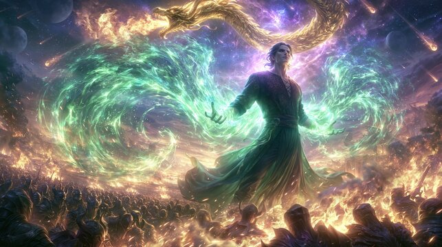 Wide shot of a fantasy sorcerer standing in power with dragon and magic