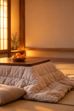 Japanese kotatsu table with quilted futon and mandarin oranges in a warm tatami room, vertical composition with copy space