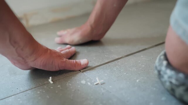 Close-up of a worker pressing and leveling freshly installed floor tiles by hand beside plastic spacers to align the surface and maintain even gaps.
