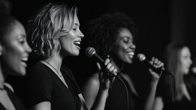 Women singers harmonizing on stage at a global event for International Womena??s Day, music and unity, 8k, realistic, full ultra HD, high resolution, cinematic photography