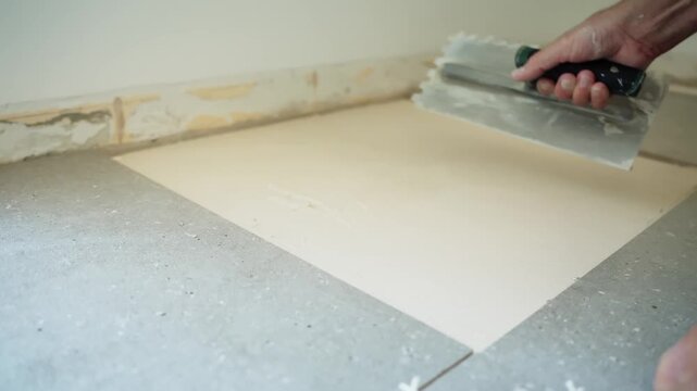Close-up of a worker spreading and smoothing fresh tile adhesive across the floor substrate with a trowel during interior flooring installation.