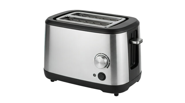 Modern stainless steel toaster with two slots on white background