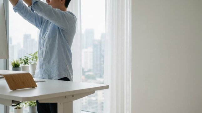 Person Doing Overhead Arm Stretch by Office Window During Break