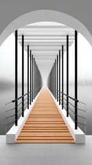 Fototapeta premium Long wooden footbridge with black steel railings extending into dense morning fog under white arched canopy, vanishing point perspective