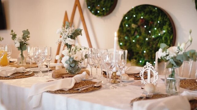Long reception table set on white linen, woven placemats, napkins, glassware, flowers in bottle vases and taper candles before a moss wall hung with lights.