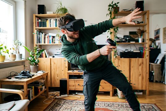 Young Man Playing Virtual Reality Video Game in Living Room.
