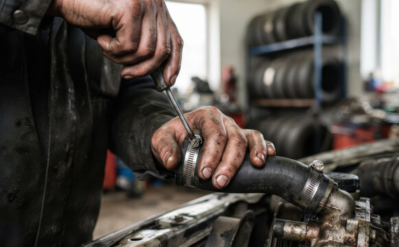 Mechanic tightening hose clamp on car engine in repair shop garage