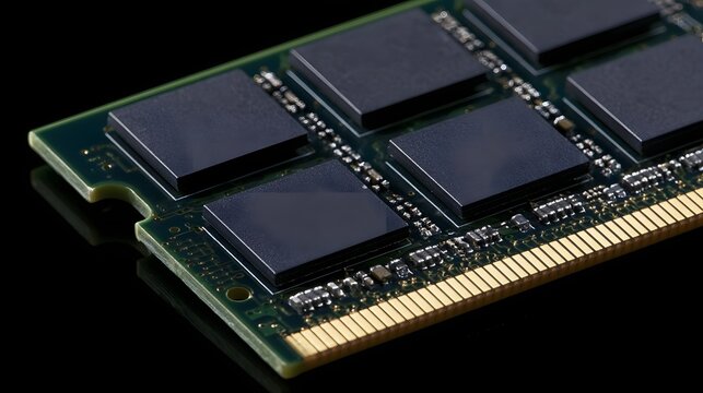Close up of a green circuit board with black memory chips and gold contacts against a dark reflective surface