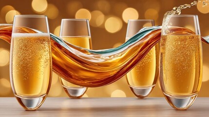 Fototapeta premium Golden liquid splash connecting four champagne flutes on wooden surface, effervescent beverage in motion, celebration theme