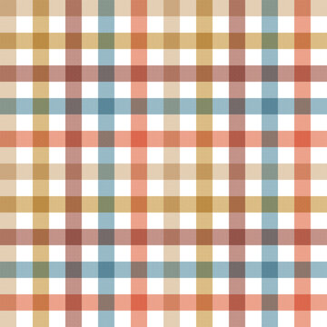 Seamless geometric plaid and madras pattern design featuring a soft colorful pastel palette of pink, blue, mustard yellow, and brown