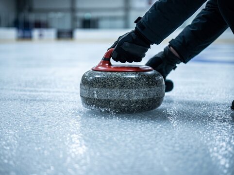 Close up of a curling stone being released on ice in a professional indoor arena