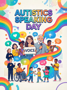 Colorful illustration celebrating autistics speaking day with a diverse group of people holding signs and speech bubbles on a rainbow background