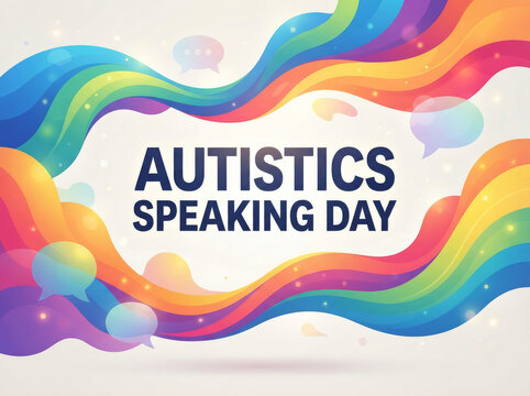 Vibrant abstract background featuring flowing rainbow waves and text for an autistics speaking day celebration event design for a social media post