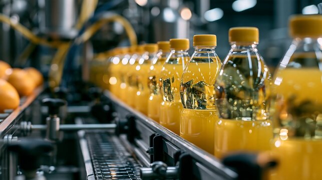 Orange juice bottles move along a factory conveyor belt in bright industrial lighting, isolated on transparent background. This image represents modern beverage production and.