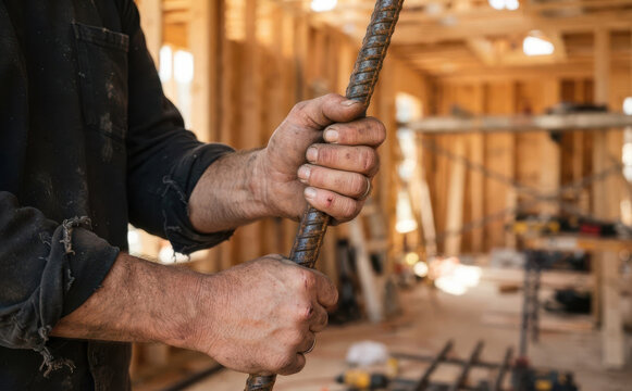Middle-aged Caucasian male construction worker bending a steel rebar on a residential framing job site, representing manual labor and structural engineering concepts