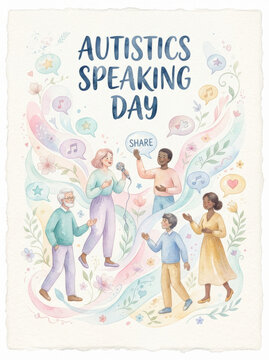 Watercolor illustration of diverse people communicating and sharing ideas for autistics speaking day representing community support and neurodiversity awareness concept art