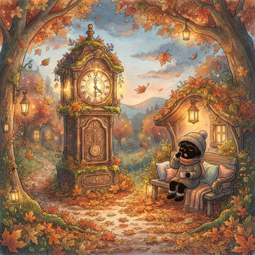 A whimsical fantasy illustration featuring a large antique grandfather clock standing in a magical autumn forest with glowing lanterns and leaves