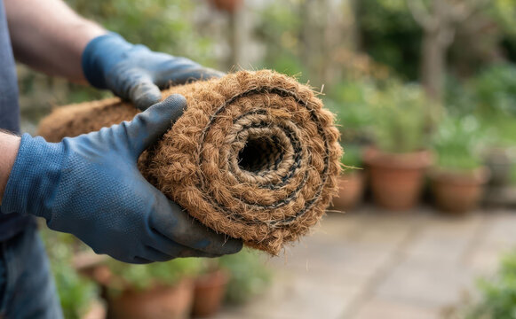 Gardener holding a rolled coir mat for weed control and erosion protection outdoors