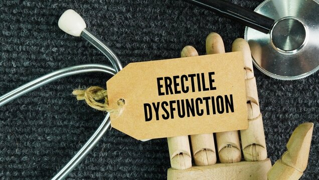 Stethoscope and paper tag with the words Erectile dysfunction ED is the persistent trouble getting or keeping a firm erection for sex.