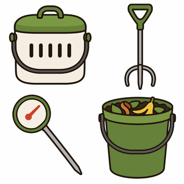 Composting tools set: bin, thermometer, bucket, and garden fork illustration