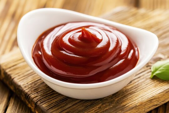 Ketchup in a white bowl on a wooden surface