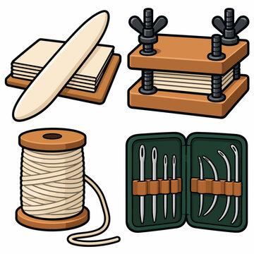 Bookbinding tools set: bone folder, press, thread, needle kit for crafting