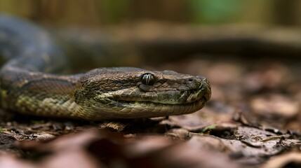 Obraz premium Close up of a python resting on forest floor with detailed scales and focused eye among fallen leaves