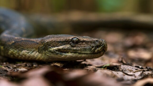 Close up of a python resting on forest floor with detailed scales and focused eye among fallen leaves