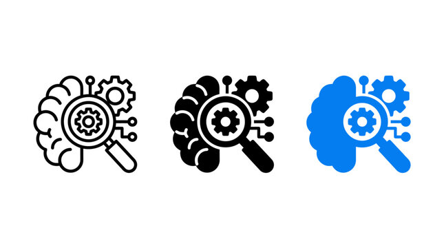 Analytical thinking icon design set featuring brain, gears, and magnifying glass