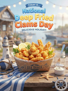 A delicious basket of crispy golden deep fried clams served on a rustic wooden table at a scenic coastal harbor setting