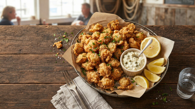 A delicious basket of crispy fried calamari served with fresh lemon wedges and creamy dipping sauce on a rustic wooden table background