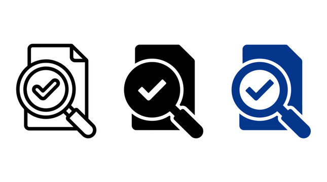 Background Check and Document Audit Icon Set with Magnifying Glass and Checkmark