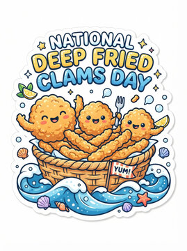 Cute cartoon illustration celebrating national deep fried clams day with happy fried seafood characters in a basket over ocean waves background