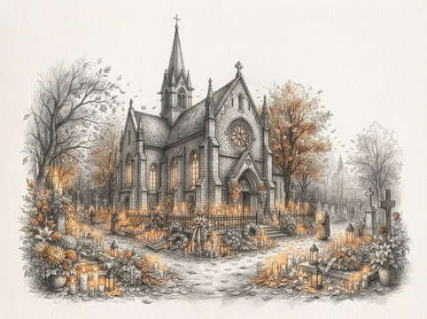 A detailed vintage style ink and watercolor illustration of an old gothic church building surrounded by a cemetery with many stone gravestones