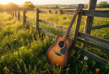 Naklejka premium Folk music and acoustic lifestyle, vintage guitar leaning on a rustic wooden fence in a peaceful meadow during golden hour sunset in the countryside