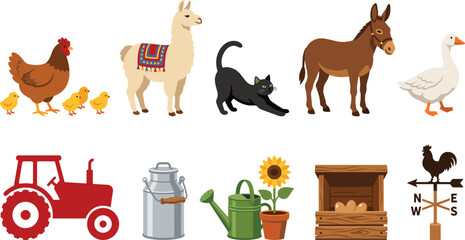 Fototapeta premium Cute Cartoon Farm Animals Livestock and Countryside Agriculture Equipment Flat Vector Clipart Icon Set