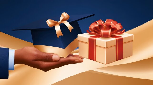 Gold ribbon tied on navy blue graduation cap beside cream gift box with red bow held in dark-skinned hand, academic achievement celebration