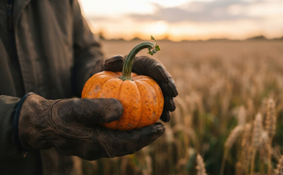Farmer holding a small autumn pumpkin in a harvest field at sunset for seasonal concepts