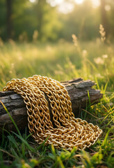 Naklejka premium Luxury and wealth concept, gold chain resting on a wooden log in a sunlit forest meadow, fashion accessory and success metaphor in a natural setting