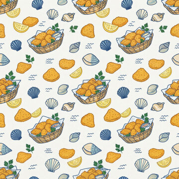 Seamless pattern with hand drawn illustrations of fried chicken nuggets in baskets with lemon slices and fresh green parsley leaves background