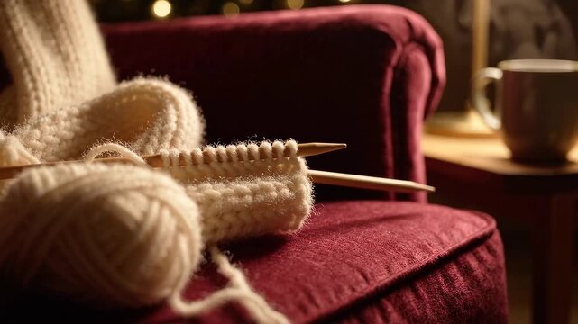 Ball of cream wool yarn with knitting needles, unfinished knit on red velvet armchair at cozy evening with hot drink