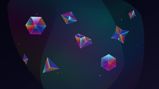 Rotating iridescent geometric shapes floating on a dark background