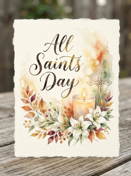A beautiful watercolor greeting card for all saints day featuring a glowing candle white lilies and autumn leaves on wood background