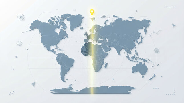 A minimalist world map illustration featuring a soft vertical light beam glowing across the center on a clean light grey background