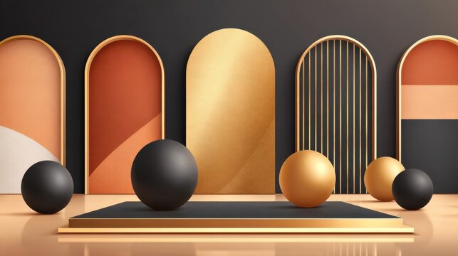 Black and gold spheres on minimalist podium with arched panels in warm tones, geometric composition for product display
