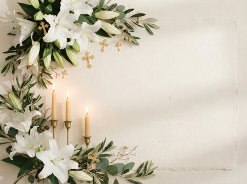 Elegant background featuring white lily flowers and glowing candles arranged in a festive composition with copy space for holiday greeting cards
