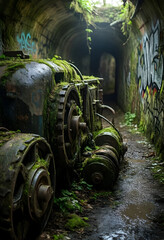 Fototapeta premium Urban exploration and industrial decay, abandoned machinery covered in moss inside a dark graffiti tunnel with nature reclaiming forgotten infrastructure